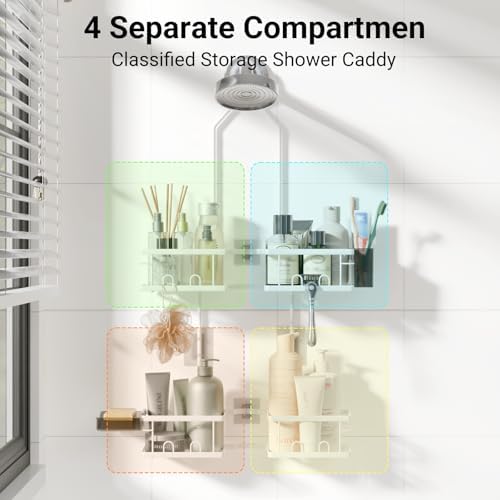Adjustable Shower Caddy Hanging Rustproof Shower Caddy for Handheld Showerheads, Shower Organizer with Hooks Soap Holder, Anti-Swing Shower Rack Bathroom Accessories (White) - Image 6