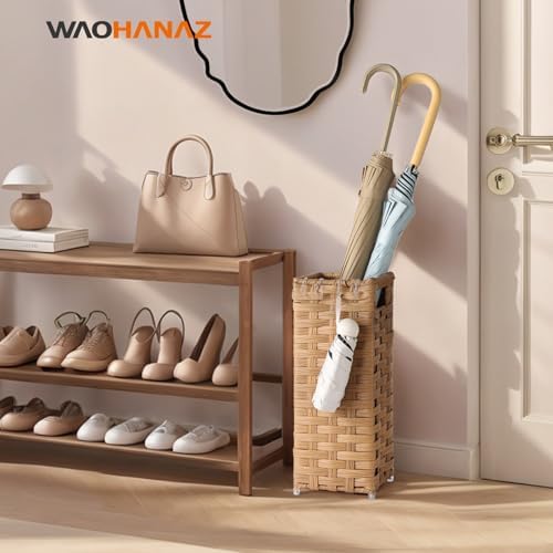 Rattan Umbrella Stand, Umbrella Holder for Entryway, Hand Woven Umbrella Rack Organizer Freestanding, with a Detachable Drip Tray, 4 Hooks, 6.5" L x 6.5" W x 16.5" H, Natural - Image 2
