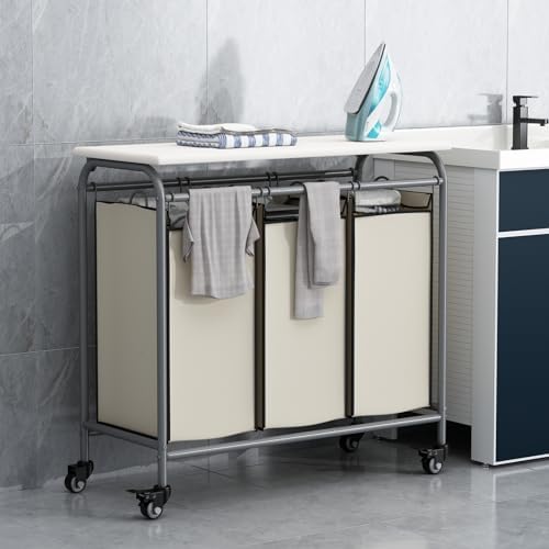3 Bags Laundry Basket Sorter, Beige 135L Laundry Hamper, Ironing Board - Image 4
