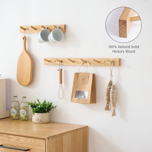 Hickory Wood Coat Rack Wall Mount, 24 Inch Coat Hook Hanger Wooden Wall Coat Rack with 6 Hooks for Purse Clothes Towels Hats in Entryway Bedroom Bathroom, Natural - Image 3