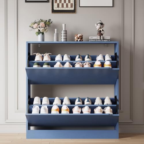 Xixini Shoe Storage Cabinet for Entryway with 2 Flip Drawers, Wood Freestanding Hidden Shoe Storage, Narrow Slim Sturdy Shoe Organizer for Front Door Entrance, Living Room, Hallway, Bedroom, Blue - Image 6