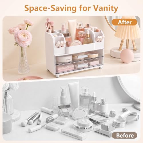 Makeup Organizer for Vanity with Brush Holder, Countertop Bathroom Cosmetic Organizer Skin Care Storage, Large Easy to Store Lipsticks, Nail Polishes, Perfumes, Eyeshadow Palettes (White) - Image 6