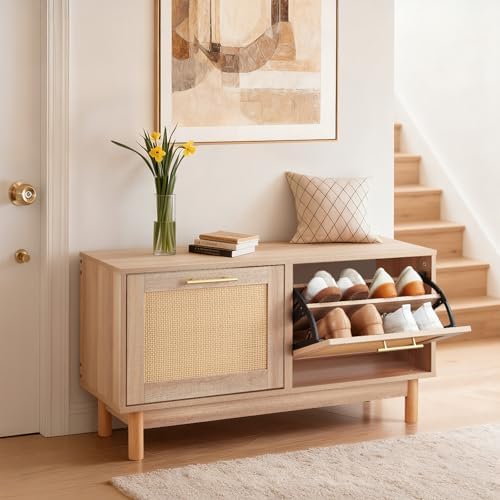 VEVOR Rattan Shoe Storage Bench, Entryway Bench with 2 Flip Drawers, Holds up to 300 lbs with 4 Compartments and 2 Rattan Doors, 39.4 x 11.8 x 20.9 Inches for Hallway, Living Room, Bedroom by VEVOR