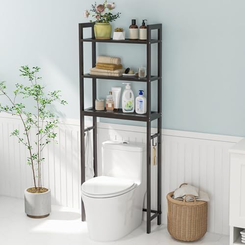 GIANTEX Over The Toilet Storage Shelf, 3-Tier Freestanding Space Saver Above Toilet Shelves with 3 Hooks & Adjustable Bottom Bar, Over Toilet Bathroom Organizer for Restroom, Laundry (Coffee) - Image 2
