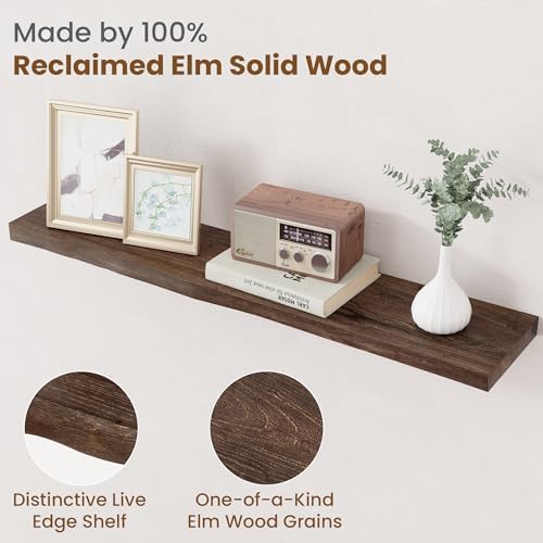Floating Shelves for Wall Decor, Rustic Solid Elm Wood Live Edge Floating Shelves Wall Mounted, Wall Shelves with Invisible Bracket for Living Room Bathroom Bedroom Kitchen, 36 Inch Set of 2, Walnut - Image 3