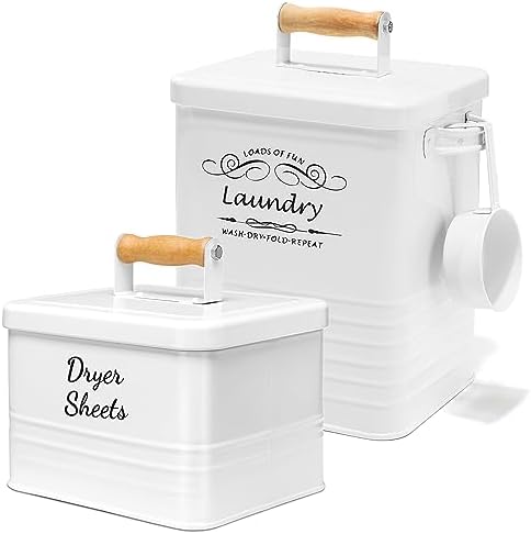 SSTATES Laundry Room Organization Set, Metal Laundry Detergent Pods Container and Dryer Sheet Holder with Lid, Laundry Powder Storage Bin with Scoop for Farmhouse Decor, (2 Pack, White) by SSTATESS