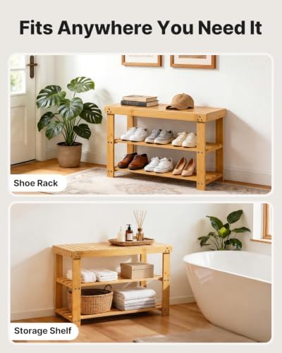 Amada 3 Tier Bamboo Shoe Rack Bench for Entryway, Living Room, Natural - Image 5