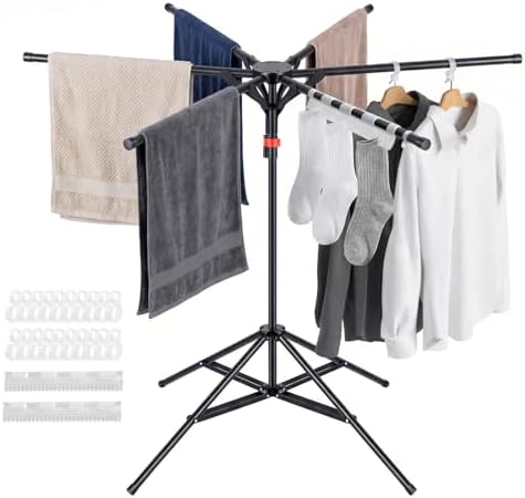 4-Leg Foldable Clothes Drying Rack with 6 Poles, 20 Hooks, 2 Clips by SEHAUSEU