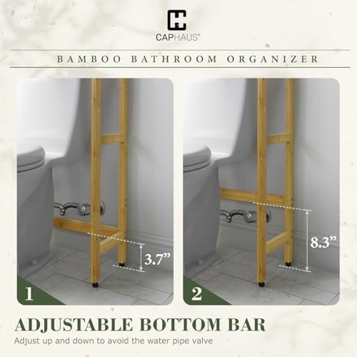 CAPHAUS Over -The -Toilet Storage Shelf,7-Tier Bamboo Bathroom Organizer Shelf Rack Over Toilet with Adjustable Feet & Hooks, Freestanding Toilet Shelf for Bathroom Laundry Balcony Plant Stand,Black - Image 4