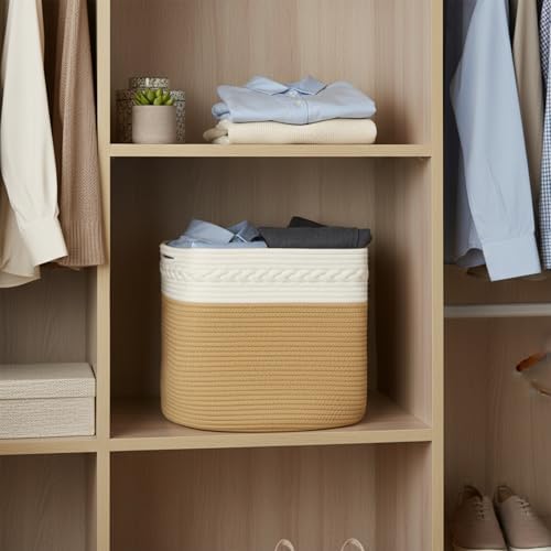 danpinera 3-Pack Cube Storage Bins, 13"x13" Cotton Rope Woven Baskets for Organizing, Square Storage Baskets for Shelves, Books, Towels, Clothes, Toys, White & Khaki - Image 6