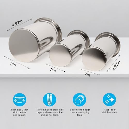 3-Inch 1PCS And 2-Inch 2PCS Hot Tool Holder Canister Package, Blow Dryer & Curling Iron Holder Tube, Closed Bottom Heat-Resistant Hair Dryer Organizer for Salon & Home (Stainless Steel) - Image 2