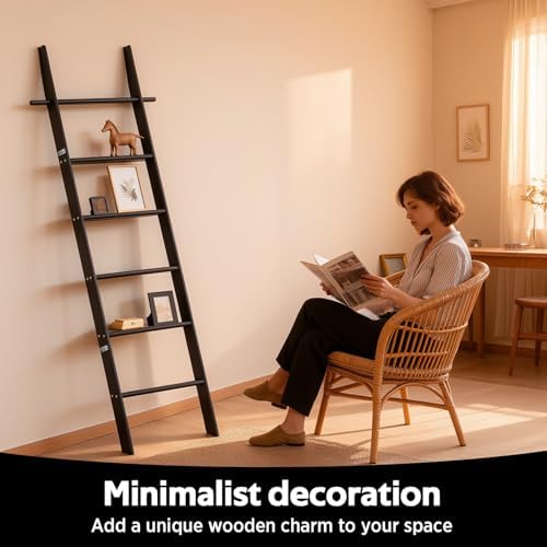 Farmhouse Wooden Blanket Ladder with Removable Hooks Black 6-Tier - Image 6