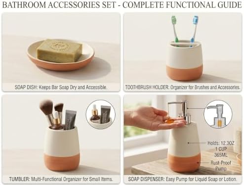 4 Piece Ceramic Bathroom Accessories Set, Soap Dispenser, Toothbrush Holder, Tumbler and Soap Dish, Speckled White & Terracotta Bathroom Counter Set, Modern Boho Farmhouse Decor 2. Product Description - Image 5