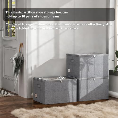 Shoe Organizer for Closet, 2 Pack Foldable Shoe Storage Box with Clear Cover and Adjustable Dividers, Stackable Storage Bins for Boots, Fits up to 32 Pairs (Grey, 19.7 × 15.7 × 12.6 in) - Image 5