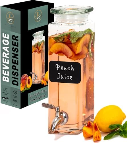Square Glass Drink Dispenser for Parties - Stainless Steel Spigot + Marker & Label - 100% Leakproof Beverage Dispenser - Liquid Laundry Detergent Dispenser, Water Dispenser, Decorative Pitchers 80oz. by LERAZE