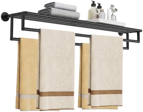 Double Towel Racks for Bathroom, 32Inch Double Towel Bar with Shelf, Towel Tack with Shelf, Wall Mount Towel Holder, Stainless Steel Towel Rod(Matte Black) by JXONEDAY