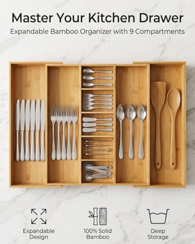 Expandable Bamboo Silverware Drawer Organizer, 5-7 Compartments - Image 4