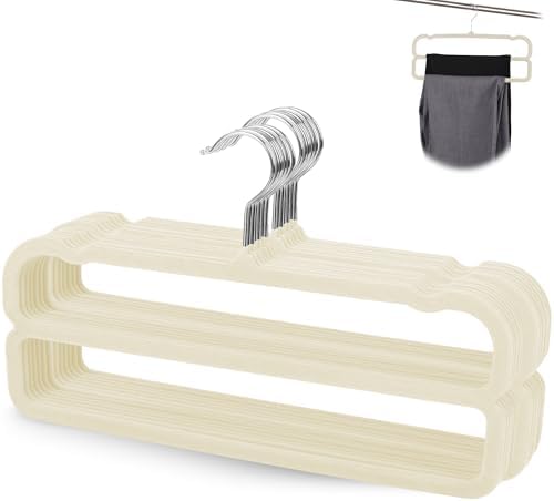 VSV stoage Velvet Pants Hangers with Double Non Slip Bar - Multiple Velvet Hangers for Closet - Thin Space Saving Clothes Hanger - 360° Swivel Felt Trouser Hanger Perchas Terciopelo 10 Pack (Beige) by VSVstoage