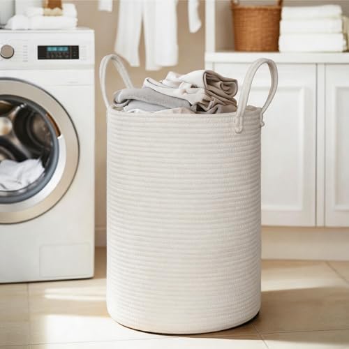 MEGASKET Large White Laundry Basket, 80L Tall Blanket Basket Living Room, Cotton Rope Toy Bin for Organizing, XL Woven Baby Nursery Laundry Hamper with Handle, White Room Decor, Bedroom Aesthetic - Image 5