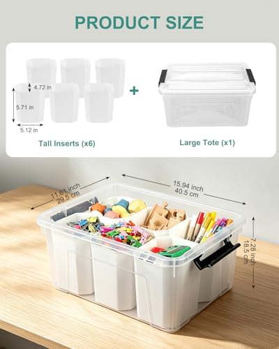 EOENVIVS Clear Storage Bins with 6 Tall Inserts, Stackable craft organizers and storage Box, Plastic Storage Totes with Lids and Handles for Crafts, Jewelry & Sewing, Art Supplies, Markers, Pens - Image 2