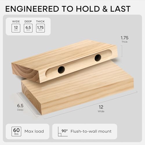 Homeforia 12 Inch Floating Shelves, High-End Solid Pine Wood, Set of 3 - Image 2