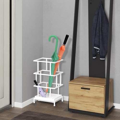 Alyoen Umbrella Holder for Entryway, Metal Umbrella Stand with Water Tray and Cane Holder, Adjustable Feet, 10.4 x 8.4 x 18.7 in, Suitable for Home, Office, and Shopping Mall (White) - Image 2