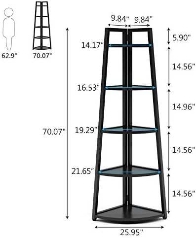 Tribesigns 70 inch Tall Corner Shelf, 5 Tier Modern Corner Bookshelf Bookcase Industrial Corner Ladder Shelf Plant Stand for Living Room, Kitchen, Home Office (Black) - Image 2