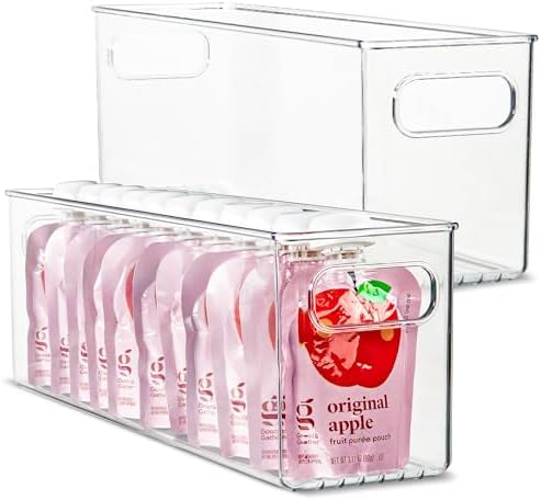 Plastic Food Storage 2 Pack Clear Container Bin with Handles for Organizing Kitchen, Pantry, Refrigerator, Freezer, Pantry, Cabinet, Closet, Bathroom. 16”x4”x5” by primebox