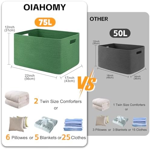 OIAHOMY 75L Large Blanket Basket Woven Storage Basket with Handle Green - Image 3