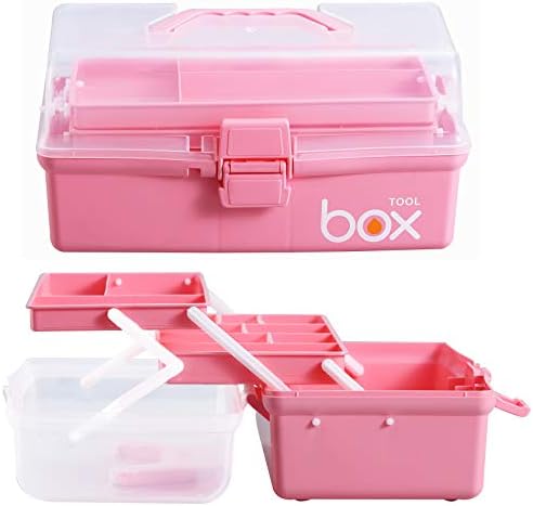 Kinsorcai 2PCS 12'' Three-Layer Clear Plastic Storage Box/Tool Box, Multipurpose Organizer and Portable Handled Storage Case for Art Craft and Cosmetic (Pink) - Image 3