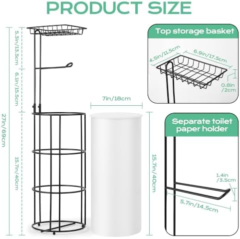 Toilet Paper Holder Stand and Tissue Paper Roll Dispenser with Basket for Bathroom Storage Holds Reserve, Black - Image 6
