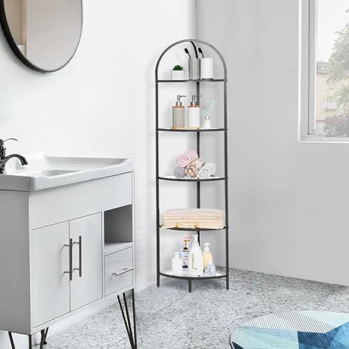Homhedy 5-Tier Glass Corner Shelf Stand, Metal Corner Bookshelf - Image 7