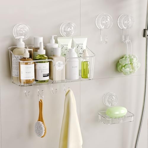 LUXEAR Shower Caddy Suction Cup, No Drilling Strong Hold Shower Organizer with Hooks & Soap Dish Fast Draining Removable Reusable Bathroom Storage Shelf Friendly for Bathroom/Kitchen/RV 22LBS Capacity by Luxear