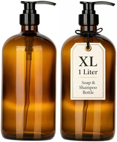 32 Ounce Glass Shampoo and Conditioner Dispenser Bottle with Pump, Shower - 1 Liter Body Wash Dispenser for Shower & Laundry Detergent Dispenser- by Kitchentoolz - Set of 2 by KITCHENTOOLZ