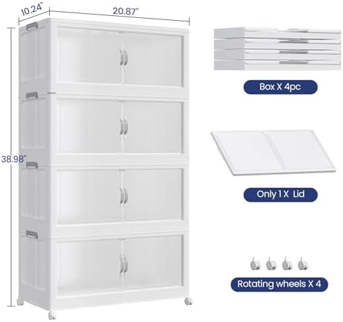 240QT Extra Large Stackable Storage Bins with Lid, 60Gal Plastic Closet Organizers and Storage Drawer, Collapsible Cabinet Box with Wheels Clear Doors for Home Kitchen Office, 4Pack White - Image 2