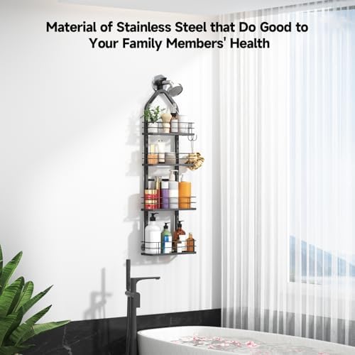 Shower Caddy Hanging (Black), Adjustable Anti-Swing-Over The Shower Head Caddy, 4 Tier Stainless Steel Bathroom Storage Organizer Bathroom Shelves Basket Rack Shower Caddies (4Tier) - Image 3