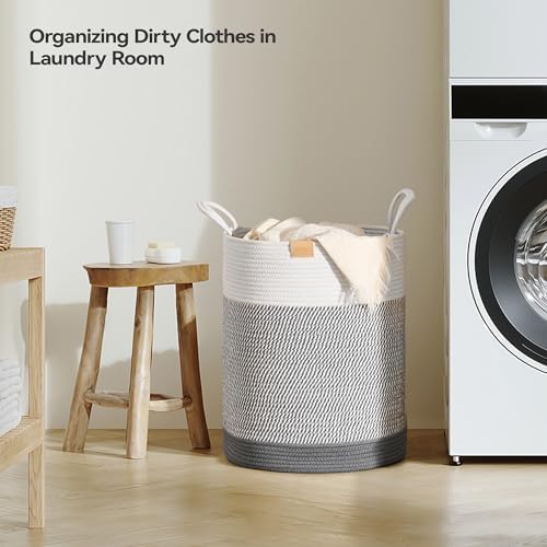 Nunsino Laundry Hamper 62L,Large Laundry Basket for Clothes,Decorative Storage Basket for Blankets,Cotton Rope Woven basket for bedroom,Grey White - Image 3