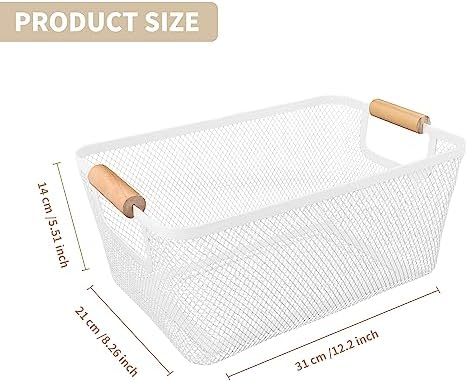 2Pack Metal Mesh Steel Basket with Bamboo Handle - Wire Metal Basket for Kitchen Organization, 12" Wide Food Organizer Bin, Perfect for Organizing Bulk Pantry (WHITE) - Image 2