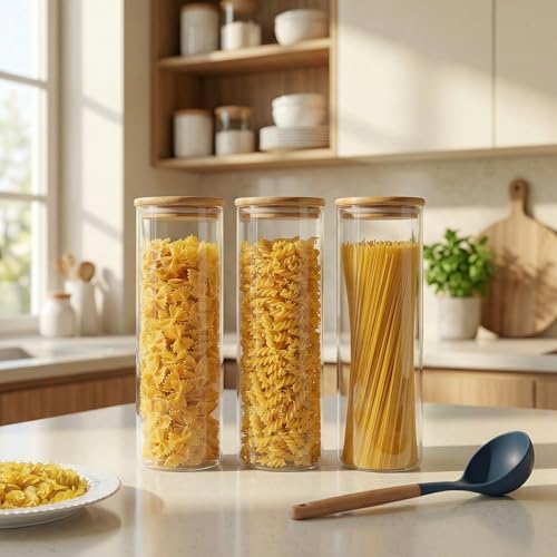 79oz Tall Glass Pasta Storage Containers with Airtight Bamboo Lids, 3 Pack - Image 2