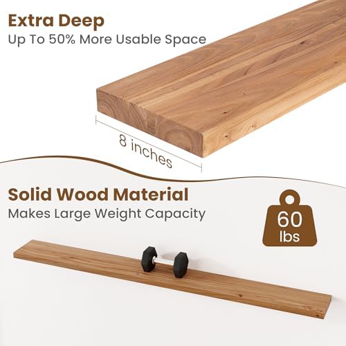 Floating Shelves for Wall Decor, 8" Deep Rustic Solid Elm Wood Floating Shelves Wall Mounted, Wall Shelves with Invisible Bracket for Living Room Bathroom Bedroom Kitchen, 72 Inch Set of 1, Natural - Image 5