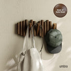 Umbra Picket Coat Rack, Wall Mount 5 Flip-Down Coat Hooks, Walnut - Image 2