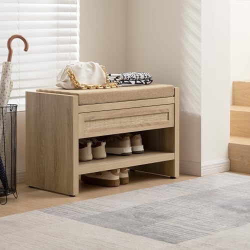 SICOTAS Rattan Shoe Bench Entryway Bench with Storage Drawer, Linen Cushion - Image 3