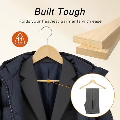 HOUSE DAY Slim Wooden Hangers 30 Pack, Solid Wood Hanger with Non Slip Shoulder Notches & Pant Bar, Smooth Finish Wood Clothes Hangers for Shirts, Suits, Jackets, Natural - Image 4