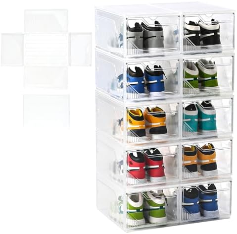 Large Shoe Boxes Clear Plastic Stackable，Drop Front Shoe Box with Clear Door, Shoe Containers For Sneaker Display,Fit up to US Size12 (white clear-Conjoined structure, 10 pack) by beehomay