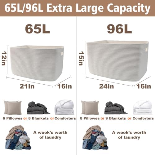 JMvicyroam 96L Large Woven Cotton Rope Blanket Basket, White - Image 3