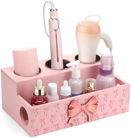 Pink Bow Hair Tool Organizer Countertop Wooden Blow Dryer Holder by Unknown