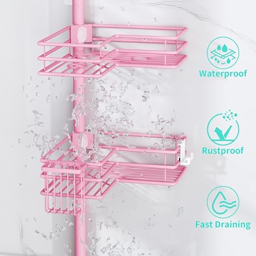 HapiRm Corner Shower Caddy Organizer - Shower Organizer Corner with Soap Holder, Toothbrush Holder and 4 Hooks, Rustproof Bathroom Shelf Tension Pole Available for 27.6 to 108.3 Inch - Pink - Image 4