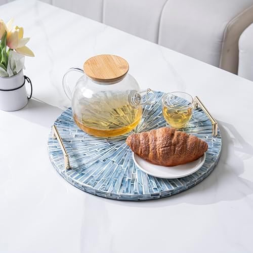 PEMAR Mother of Pearl Decorative Tray, 13" Round Versatile Display and Serving Tray with Gold Handles, Vanity/Perfume/Trinket Catchall for Dresser, Bathroom, Vanity Table (Blue Starburst) - Image 4