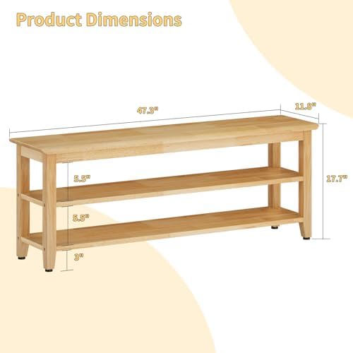 Wood Shoe Bench for Entryway,Bench with Shoe Rack,Storage Shoe Organizer for Hallway,Living Room,Bedroom (Natural, 47.24''W×11.81‘’D×17.71‘’H) - Image 2
