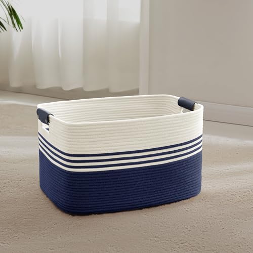 45L Small Woven Laundry Basket Hamper with Leather Handles,Navy by SunNewt